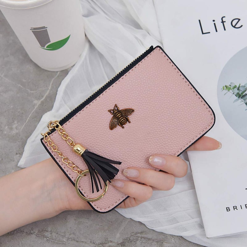 AnnabelZ Women's Coin Purse Change Wallet Pouch Leather Card Holder with Key Chain Tassel Zip (Light Pink) - Image 2